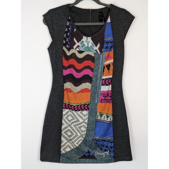 Desigual Dress Printed Knit Sweater Zipper Boho Quirky Colorful Gray Size M - Picture 4 of 15